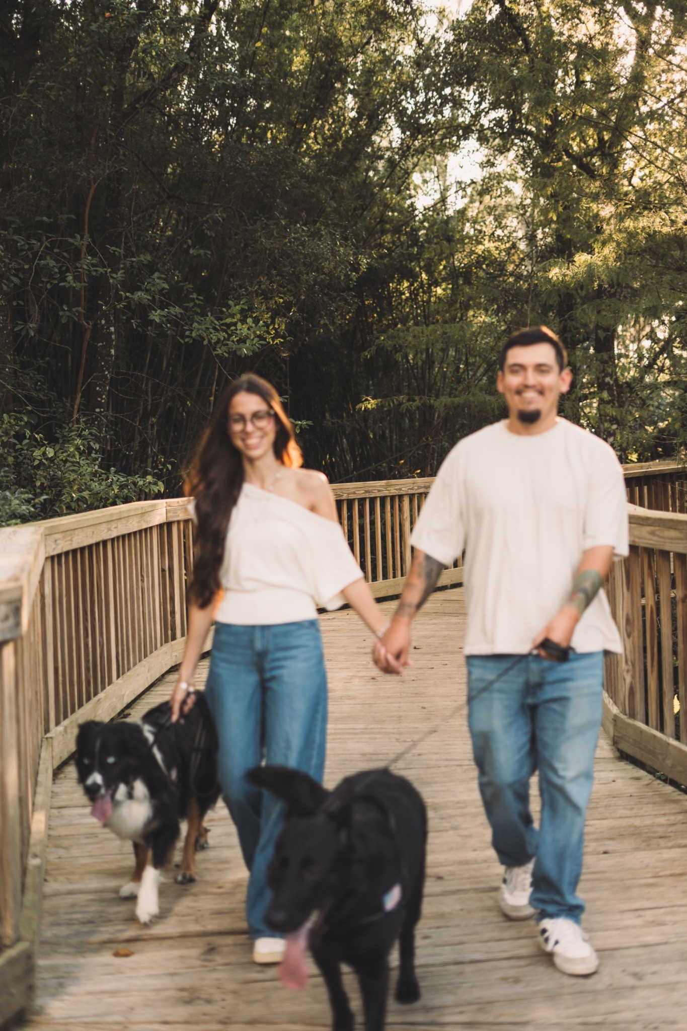 A couple walking hand in hand with their dogs